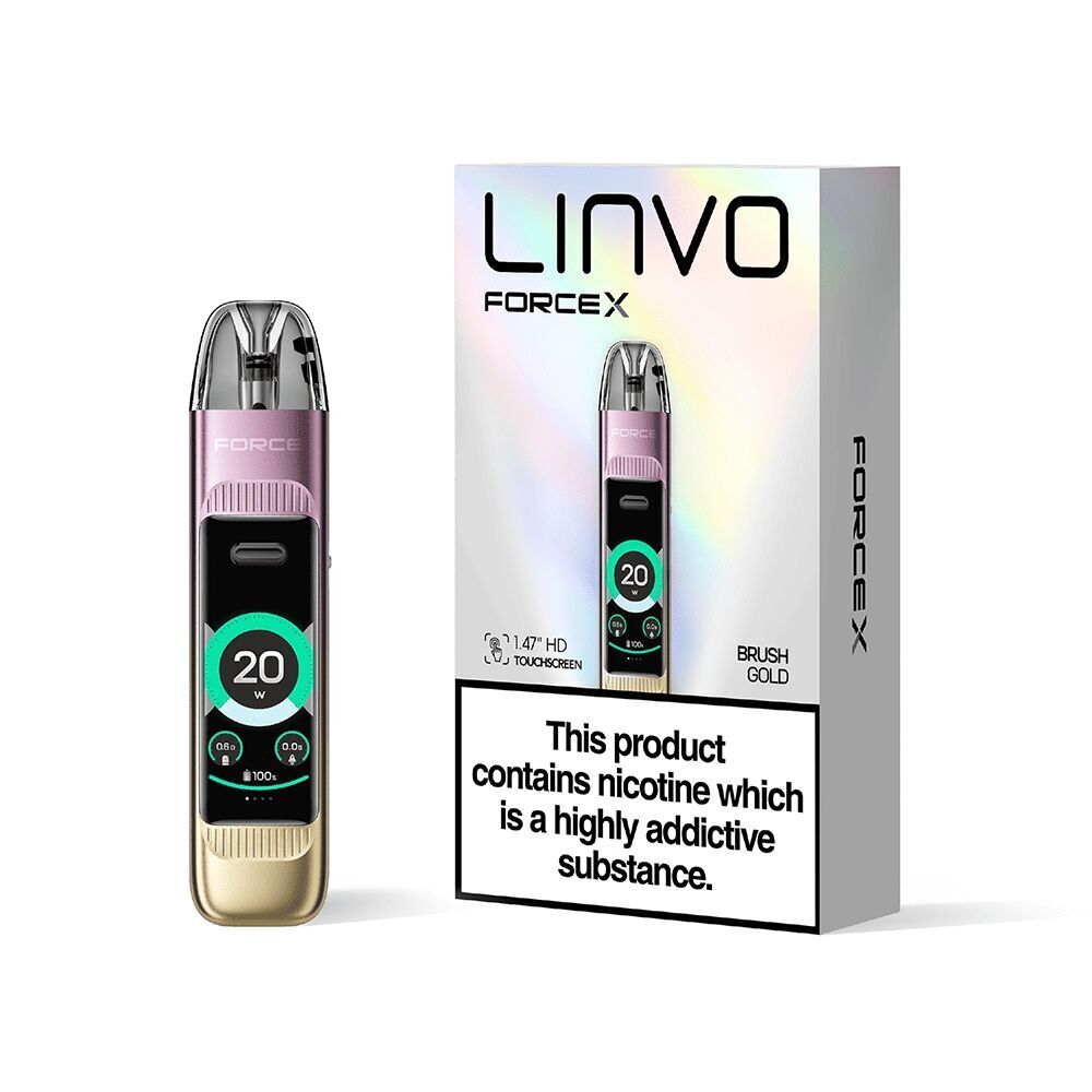Linvo Force X Pod Kit - Brush Gold Linvo Force X Pod Kit in Brush Gold mit 1,47 Zoll HD-Touchscreen, Wattanzeige auf dem Display, Verpackung mit Warnhinweis.