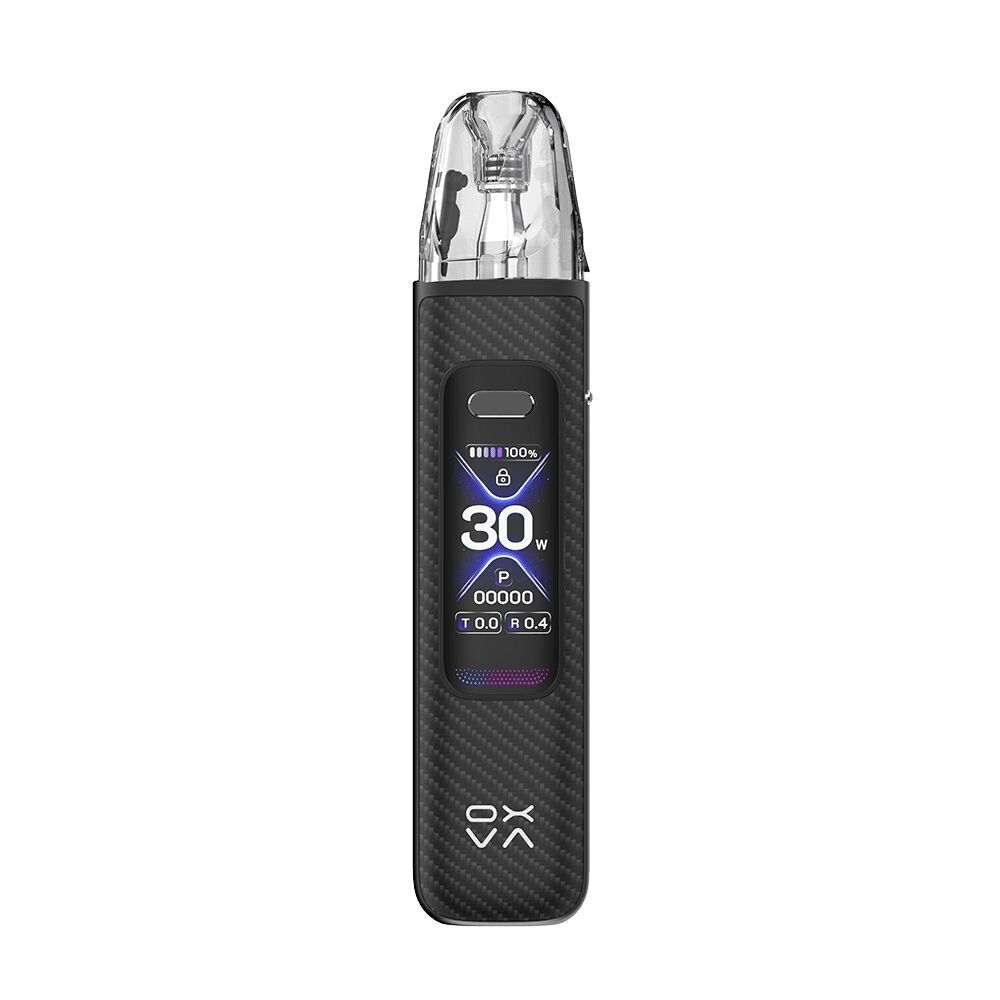 Oxva Xlim Pro 3 Pod Kit - Black Carbon Oxva Xlim Pro 3 Pod Kit in Black Carbon mit digitalem Display zeigt 30W, Akkustand, Sperrsymbol und Schriftzug "OXVA" am unteren Ende.