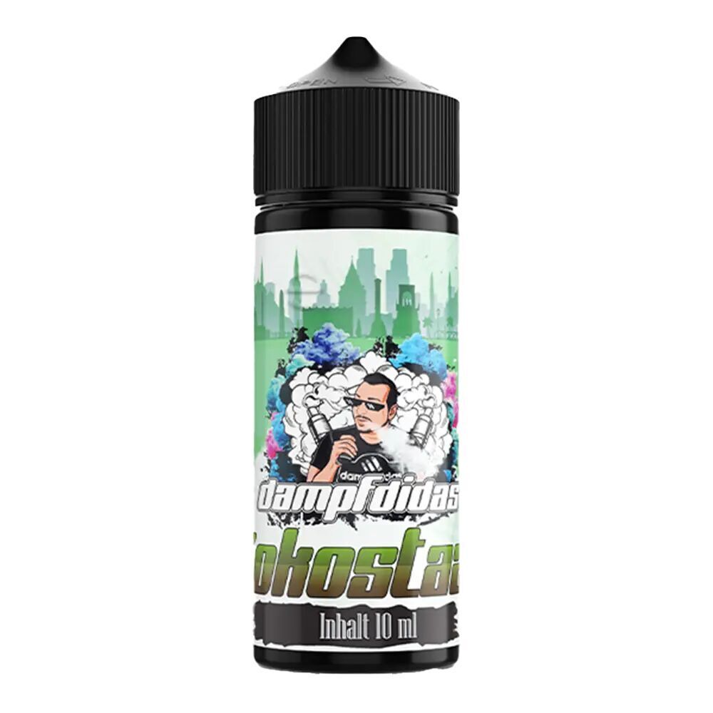 Dampfdidas Aroma Kokostazie in 10 ml Flasche mit bunter Illustration von Mann mit Sonnenbrille umgeben von Dampf und Stadt-Silhouette im Hintergrund.