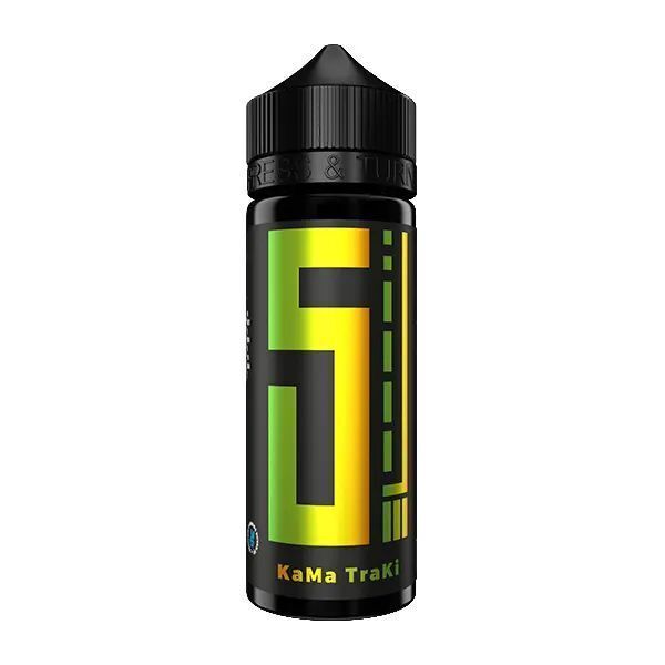 Aroma KaMa Traki von 5 Elements Schwarze Flasche mit gelbem und grünem Design und dem Text "5 Elements Aroma - KaMa Traki" auf dem Etikett