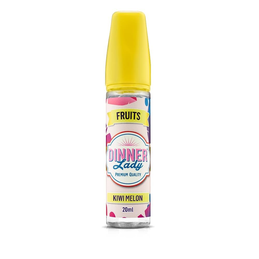 Aroma Kiwi Melon von Dinner Lady Flasche mit gelbem Deckel, Etikett „Fruits“ und „Dinner Lady Premium Quality“, Produktname „Kiwi Melon“, 20 ml Flüssigkeit