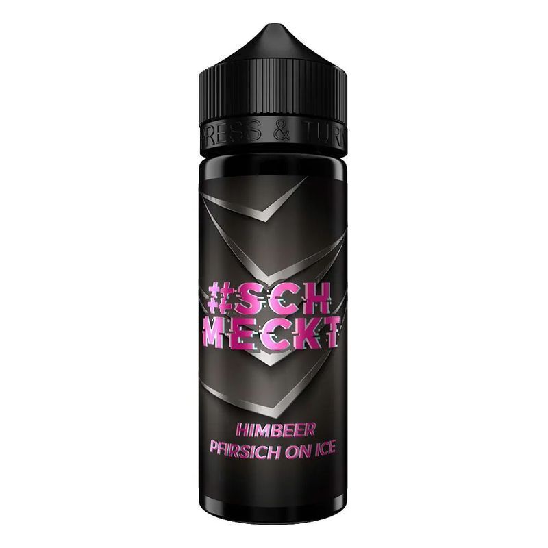 Aroma Himbeer Pfirsich Ice von #schmeckt #schmeckt Aroma Flasche mit schwarzem Design, lila Schrift „Himbeer Pfirsich on Ice“ auf dunklem Hintergrund