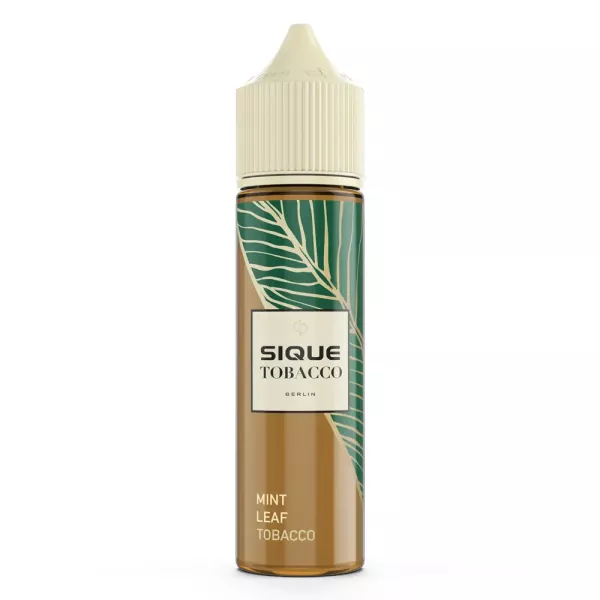 Aroma Mint Leaf Tobacco von Sique Berlin Flasche mit Sique Berlin Aroma - Mint Leaf Tobacco, braun-grünes Design, weißer Verschluss, grünes Blattmuster.