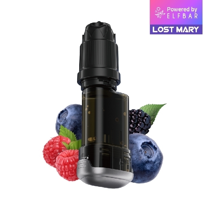 Lost Mary Nera Max 15K Pod mit Beerenmix-Aroma, schwarze Kappe, umgeben von Himbeeren, Brombeeren und Blaubeeren, Branding oben rechts.