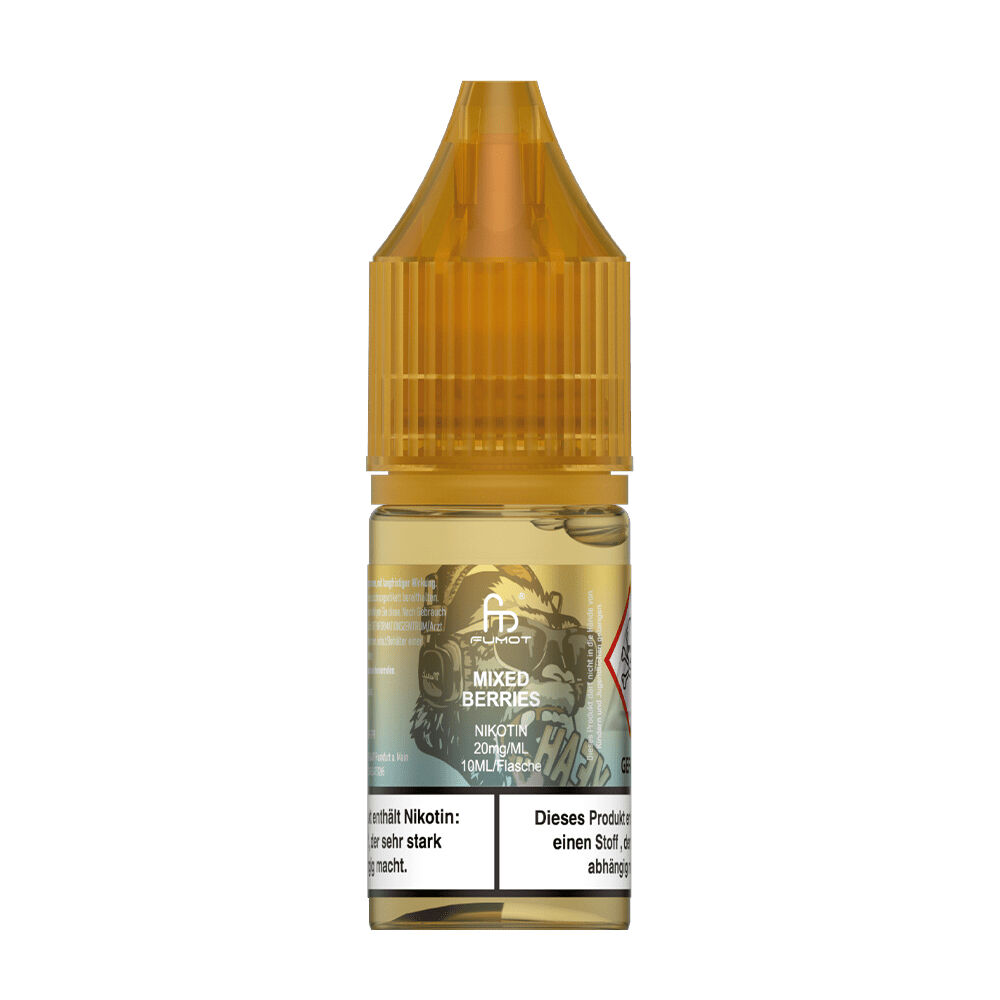 RandM Tornado Nikotinsalz Liquid RandM Tornado Nikotinsalz Liquid-Flasche mit Mixed Berries-Design, 20mg Nikotin pro ml, 10ml Inhalt, gelber Verschluss, Warnhinweis sichtbar.