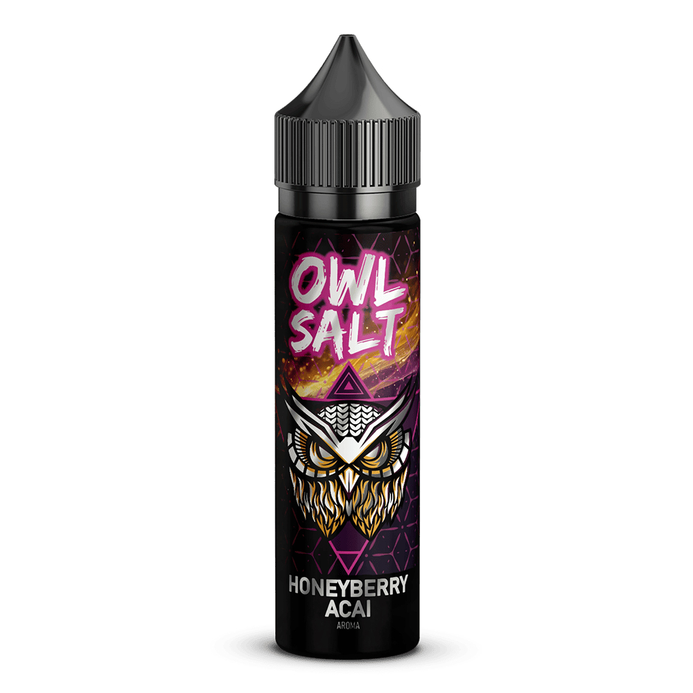 Owl Salt Aroma Flasche mit auffälligem Etikett, Eulenmotiv und neonpinkem Schriftzug "Owl Salt", Geschmacksrichtung Honeyberry Acai.