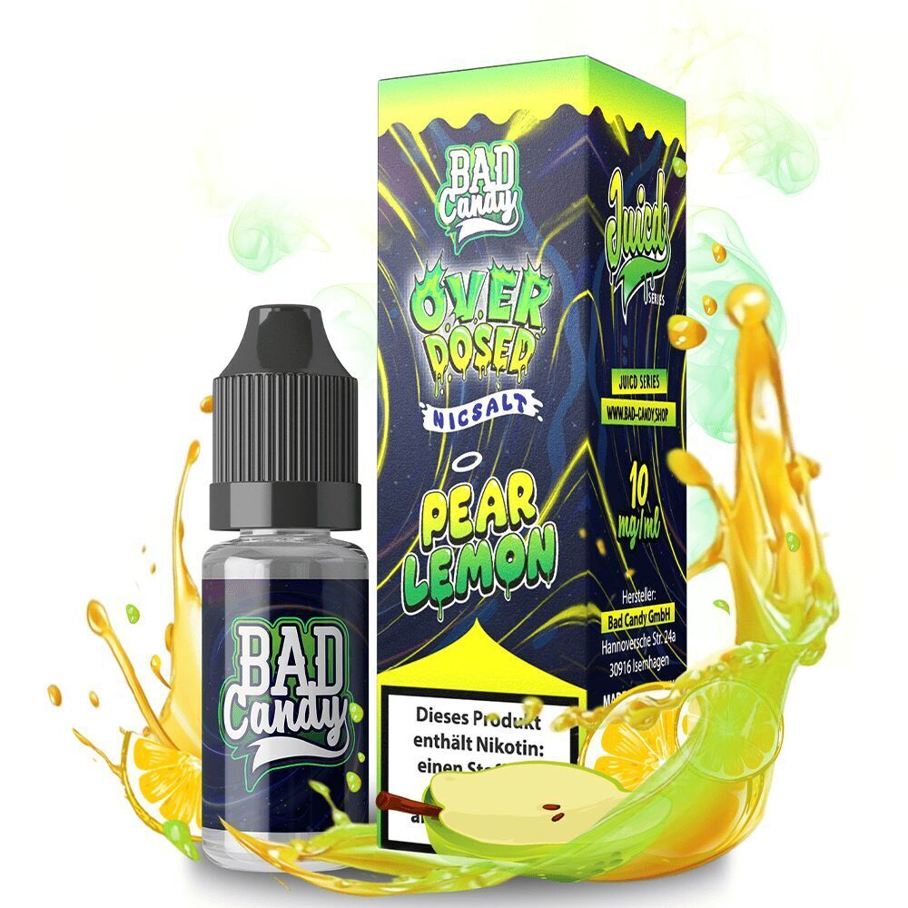 Liquid Pear Lemon 20mg - Bad Candy Overdosed Produktverpackung von Bad Candy Overdosed Nicsalt Pear Lemon 20mg, mit Flasche und spritzenden Zitronen- und Birnenelementen.