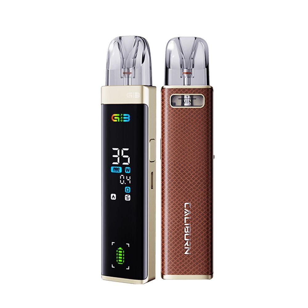 Uwell Caliburn G3 Pro Pod Kit - Brown Leather Zwei Uwell Caliburn G3 Pro Pod Kits mit transparenten Mundstücken, eines mit brauner Lederoptik und eines mit schwarzem Display, zeigen Informationen.