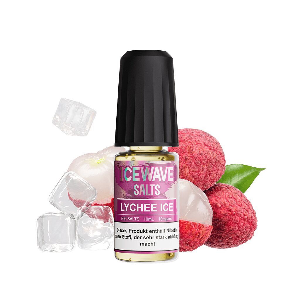 Icewave Nikotinsalz - Lychee Ice 10mg Icewave Nikotinsalzflasche Lychee Ice, flankiert von frischen Litschis und Eiswürfeln, enthält Nikotin, das stark abhängig macht.