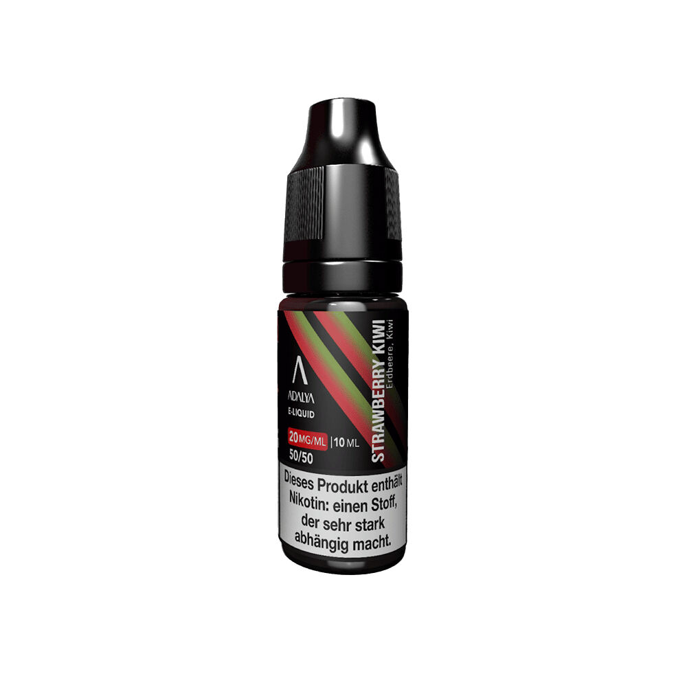 Adalya Nikotinsalz - Strawberry Kiwi 20mg Adalya Nikotinsalz-Flasche mit Strawberry Kiwi 20mg, schwarzes Design, bunte Akzente, Warnhinweis über Nikotin auf dem Etikett.