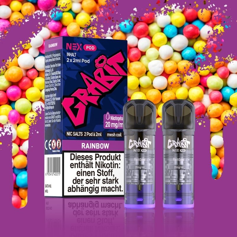 Grabit Nex Pods (2 Stück) Grabit Nex Pods Rainbow 20mg Verpackung und zwei Pods vor buntem Hintergrund, Hinweis auf Nikotingehalt sichtbar.