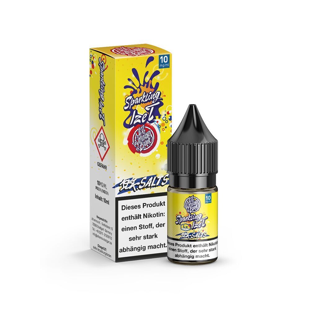 187 Strassenbande Liquid - Sparkling Ize T 10mg Gelbes Liquid-Fläschchen und Verpackung von 187 Strassenbande mit der Aufschrift Sparkling Ize T 10mg, enthält Nikotin-Warnhinweis