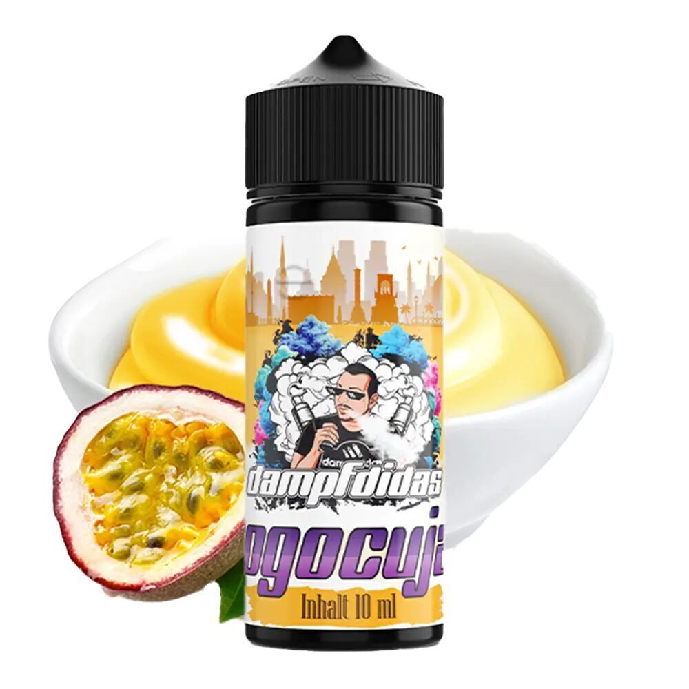 Aroma Jogocuja von Dampfdidas Dampfdidas Aroma Jogocuja, 110 ml Flasche, neben gelbem Nachtisch in Schale und halber Maracuja mit sichtbarem Fruchtfleisch