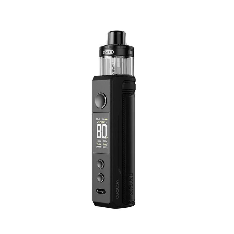 Schwarzes Voopoo Drag X2 Pod Kit mit digitalem Display, zentralem Knopf und sichtbarem Branding, transparentem Tank oben.