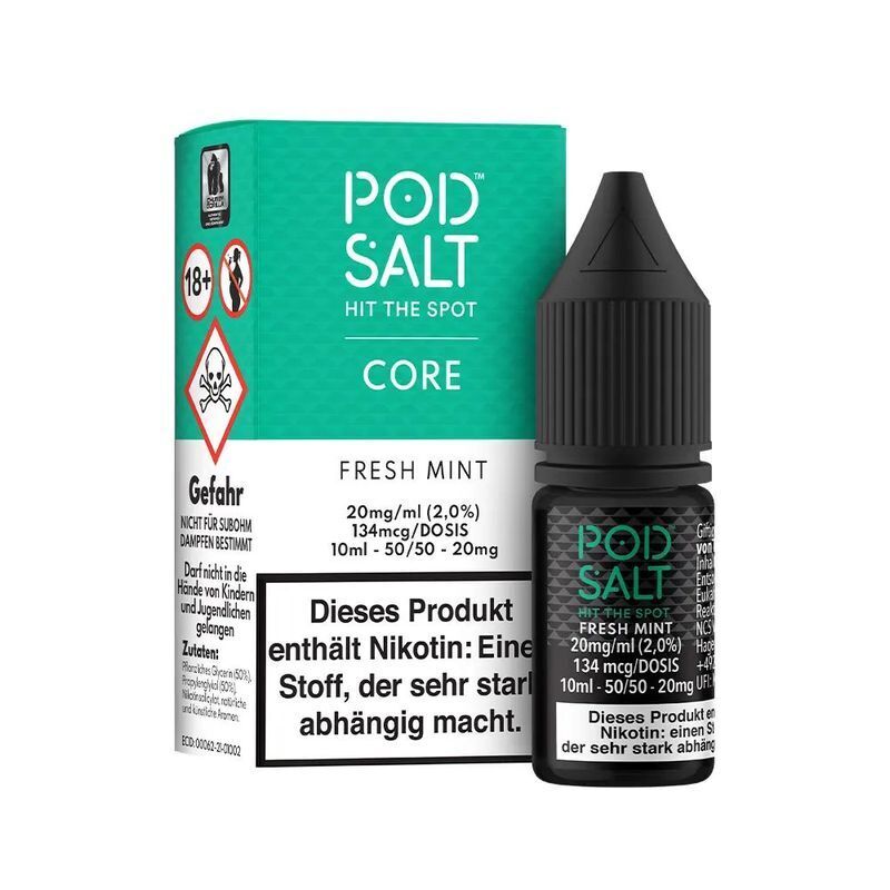 Liquid Fresh Mint mit 20mg Nikotin von Pod Salt Core Pod Salt Core Fresh Mint 20mg Nikotinsalzflasche vor türkisfarbener Verpackung mit Warnhinweisen und Inhaltsangaben