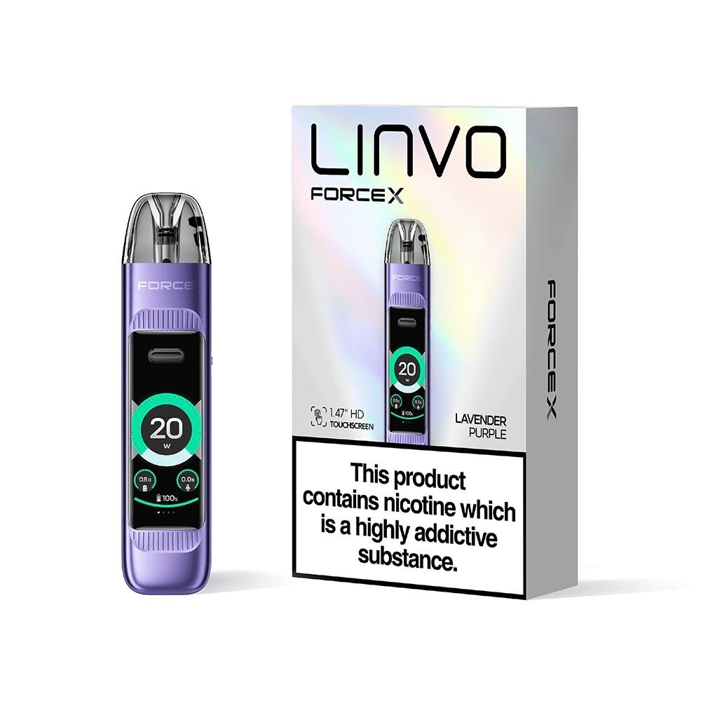 Linvo Force X Pod Kit in Lavender Purple mit Display und 20 W Anzeige, Verpackung mit Hinweisen zur Nikotinsucht.