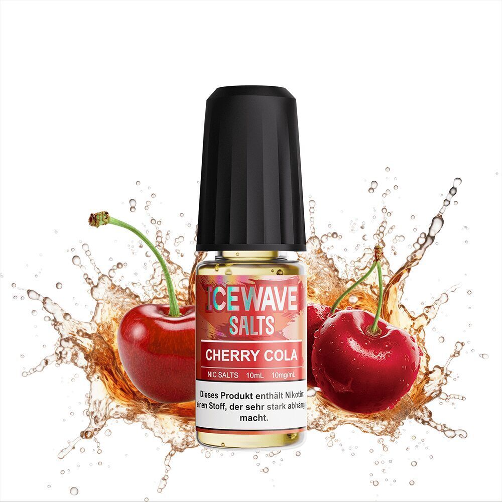 Icewave Nikotinsalz - Cherry Cola 10mg Icewave Cherry Cola Nikotinsalz-Flasche vor spritzenden Colawellen und Kirschen, Text auf Etikett: Enthält Nikotin.