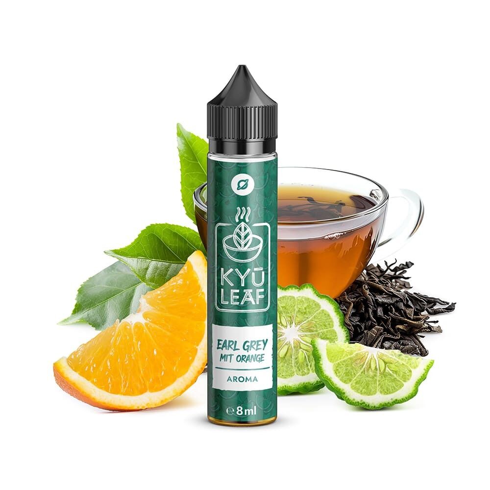 Aroma Earl Grey mit Orange von Flavorverse Flasche Flavorverse Aroma Earl Grey mit Orange, umgeben von Teeblättern, einer Teetasse, Orangen- und Limettenscheiben