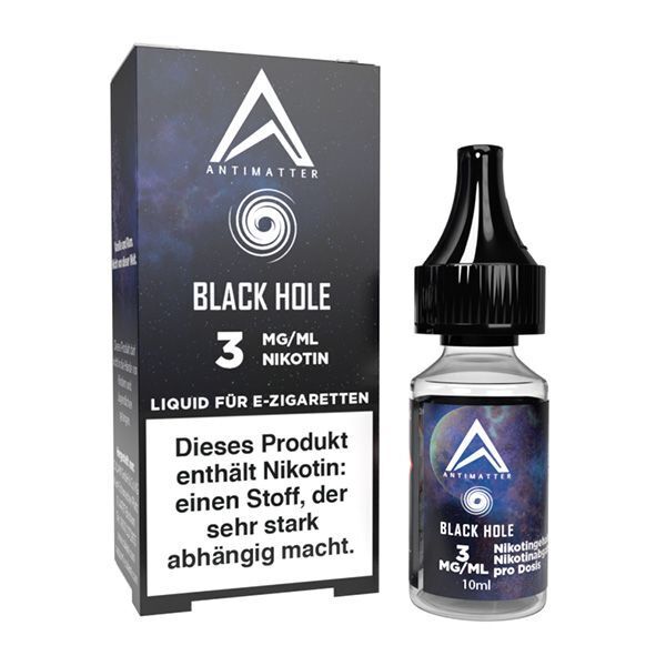 Liquid Black Hole mit 3mg Nikotin von Antimatter E-Zigaretten-Liquidflasche Antimatter Black Hole 3 mg/ml Nikotin neben Verpackung, Warnhinweis auf Nikotinsucht, 10 ml Inhalt