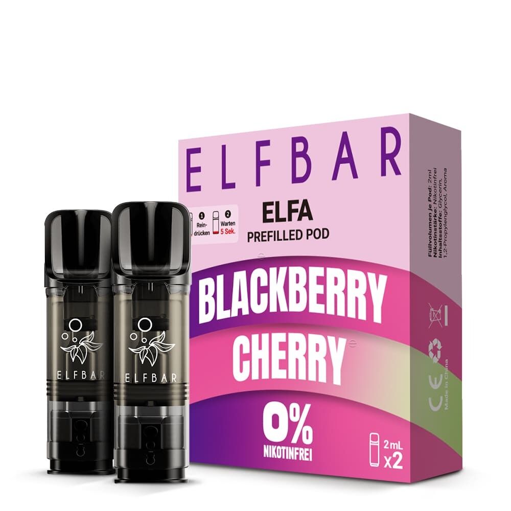 ELB562 Elfbar ELFA Pods Blackberry Cherry 0mg, zwei schwarze E-Liquid-Pods vor einer lila-weißen Verpackung mit 0% Nikotinfrei-Text.