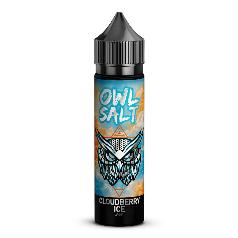 OWL176 Flasche mit dem Design von OWL Salt Aroma Cloudberry Ice, Eulen-Logo, blauer und orangefarbener Hintergrund mit Schriftzug.