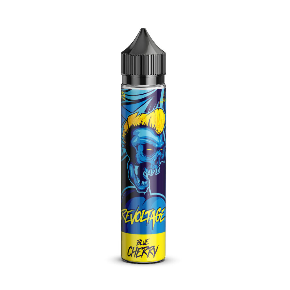 revoltage-longfill-aroma-blue-cherry Flasche mit Revoltage Longfill Aroma Blue Cherry, zeigt einen blauen Totenkopf mit gelbem Haar und den Texten Revoltage und Blue Cherry.