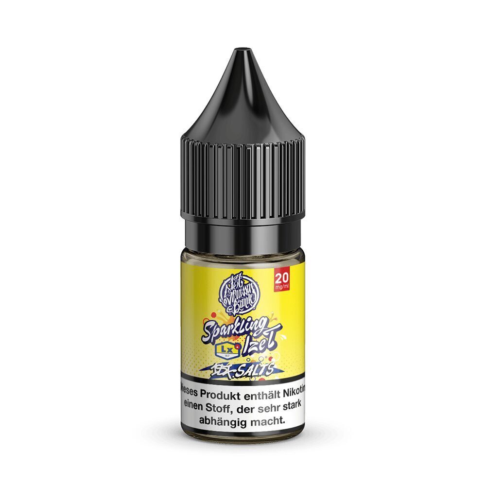 187 Strassenbande Liquid - Sparkling Ize T 20mg Etikett einer gelben Flasche mit der Aufschrift "Sparkling Ize" und "LX", schwarzem Deckel und Warnhinweis zu Nikotininhalt.