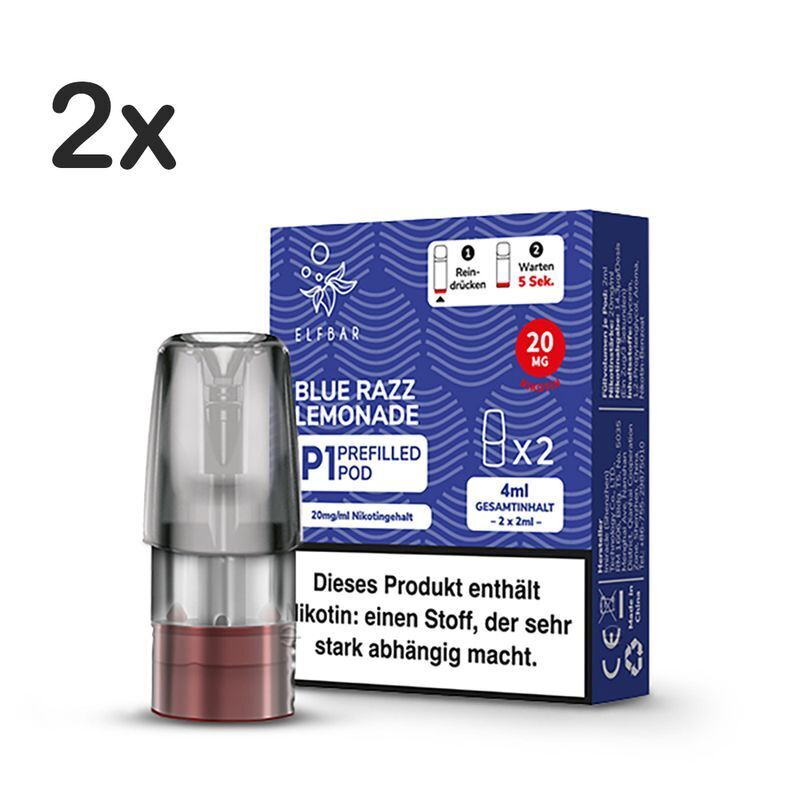 Blue Razz Lemonade 20mg - Mate 500 P1 Elfbar Mate 500 P1 Pods Blue Razz Lemonade 20mg, Packung mit 2 Pods, Warnhinweis zu Nikotingehalt, Verpackung mit farbigem Bardesign.