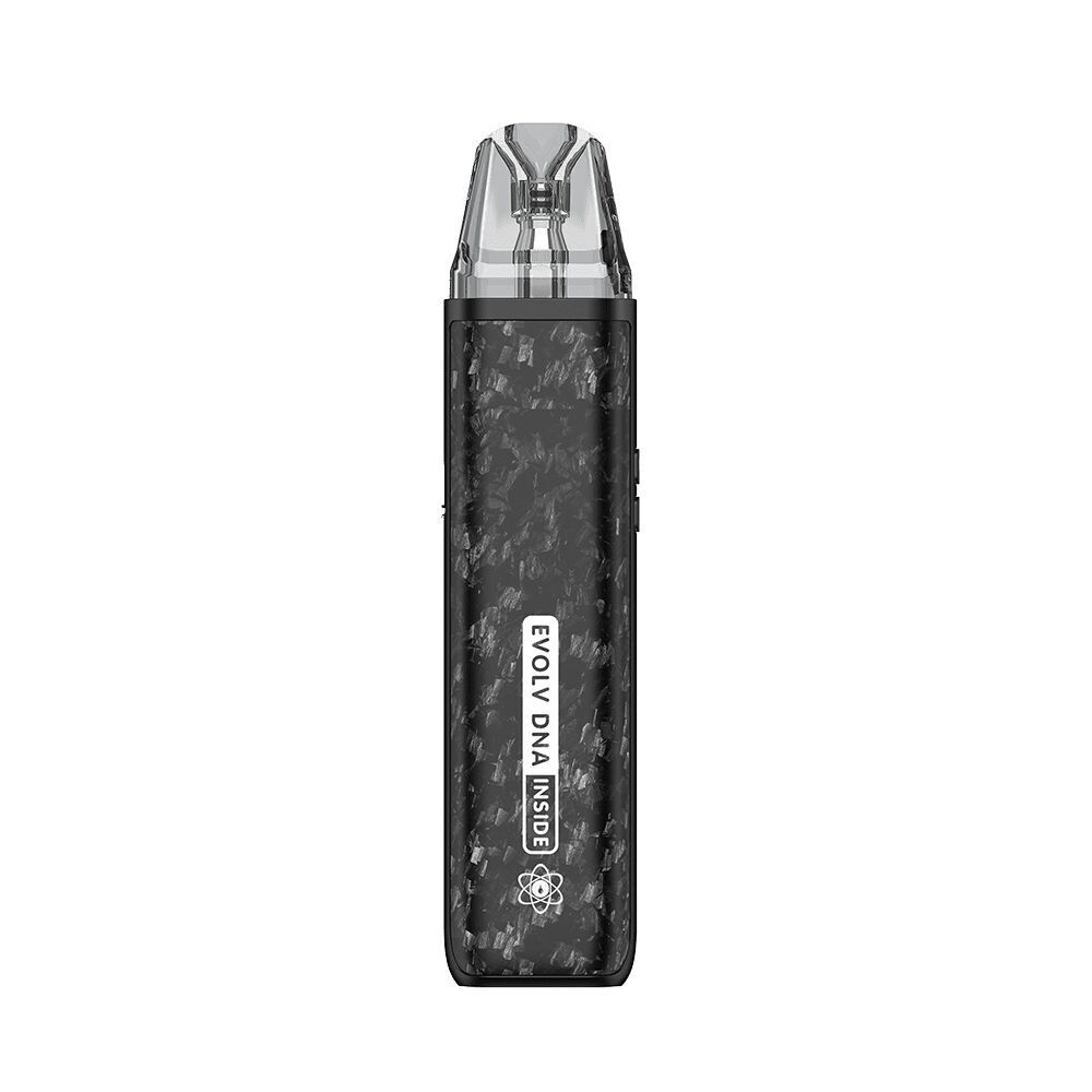 Oxva Xlim Pro 2 DNA Pod Kit - Luminous Forged Carbon Fiber Oxva Xlim Pro 2 DNA Pod Kit in Schwarz mit einem Musterdesign und der Aufschrift "Evolv DNA Inside" auf der Vorderseite.