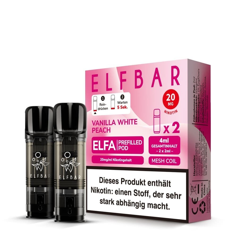 ELB556 Elfbar ELFA Pods Vanilla White Peach 20mg, zwei schwarze Pods neben rosa Packung mit Warnhinweis über Nikotin.
