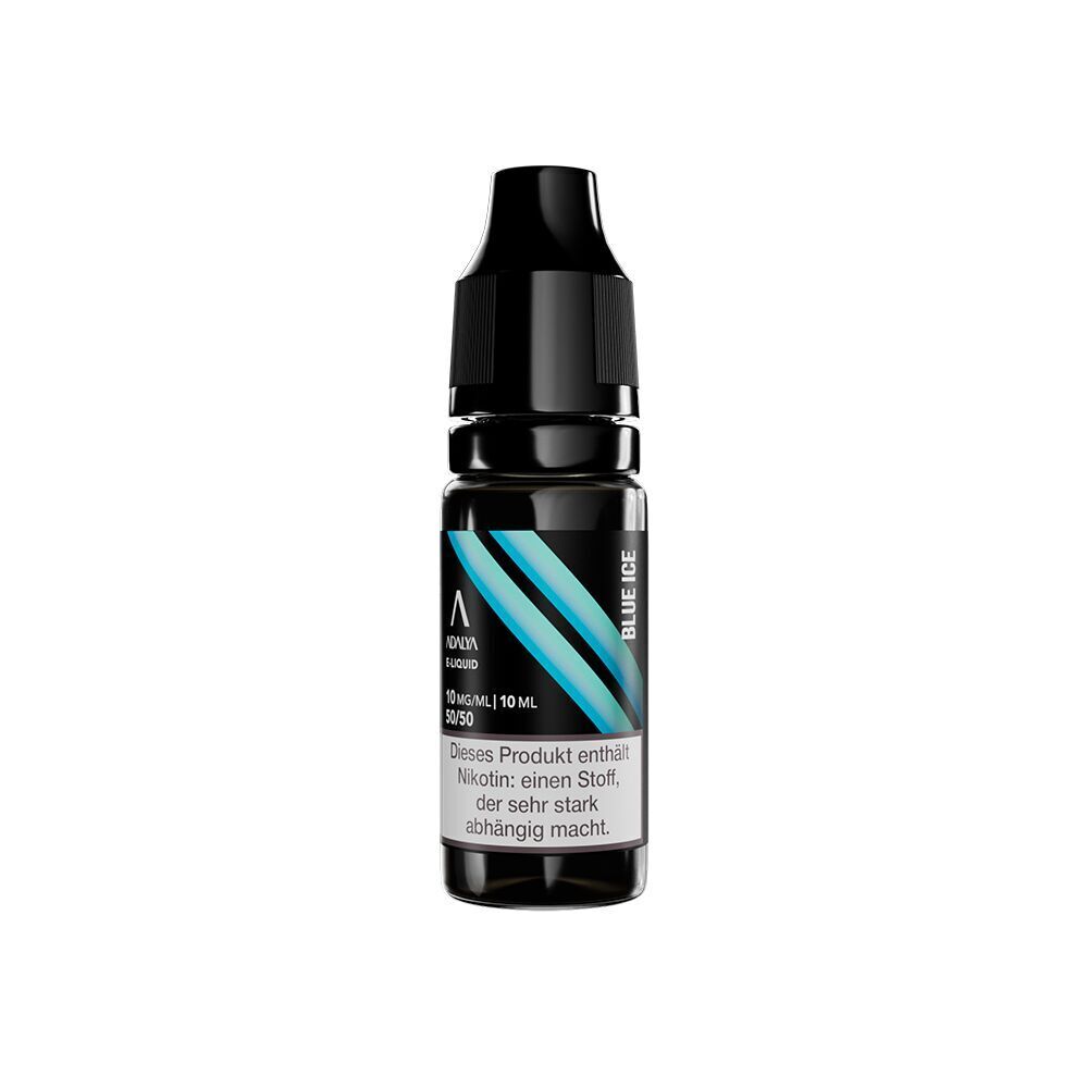 Liquid Blue Ice 10mg - Adalya Nikotinsalz Schwarze Flasche Adalya Nikotinsalz Blue Ice mit blauem Design und Warnhinweis, 10 mg/ml, 50/50 Mischung enthalten.