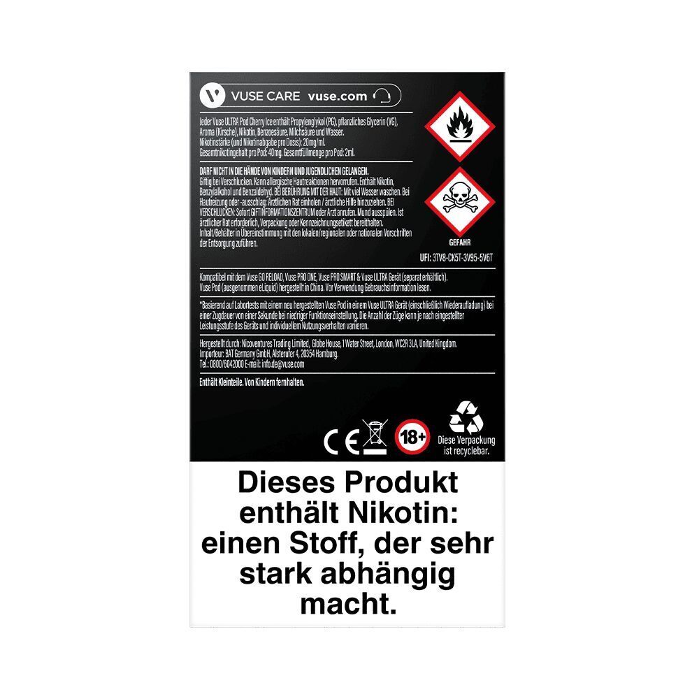 Vuse Ultra Pods - Cherry Ice 20mg Verpackung von Vuse Ultra Pods - Cherry Ice 20mg mit Warnhinweisen und Symbolen für Entflammbarkeit und Giftgefahr