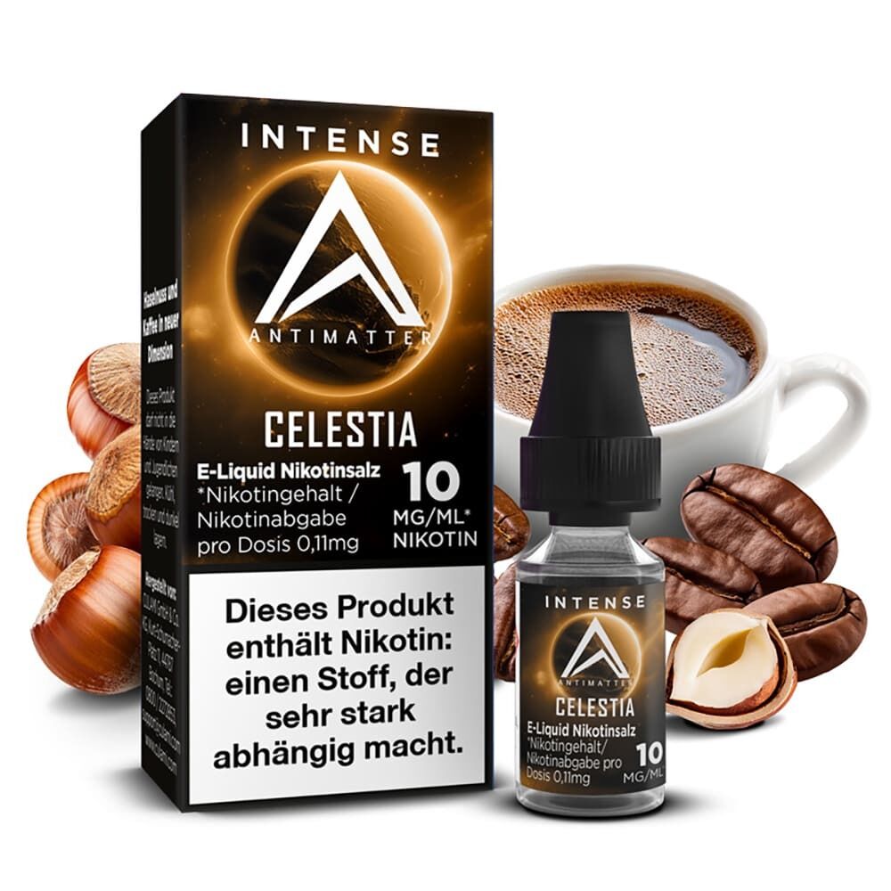 Liquid Celestia mit 10mg Nikotin von Antimatter Intense Antimatter Intense Nikotinsalz Celestia 10mg Packung mit Flasche, umgeben von Kaffeebohnen und Haselnüssen, Hinweis auf Nikotingehalt.