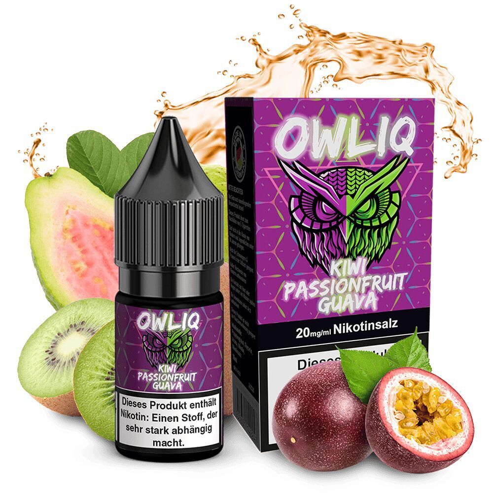 Owliq Nikotinsalz - Kiwi Passionfruit Guava 20mg Flasche und Verpackung von Owliq Kiwi Passionfruit Guava Nikotinsalz, umgeben von Kiwi, Passionsfrucht und Guave, 20mg/ml Nikotintext sichtbar.