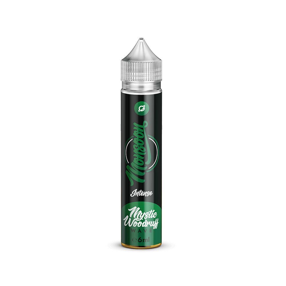 Monsoon Aroma Flasche mit 60ml Inhalt, schwarz mit grünem Label "Mystic Woodruff Wave", transparenter Verschluss, intensives Design.