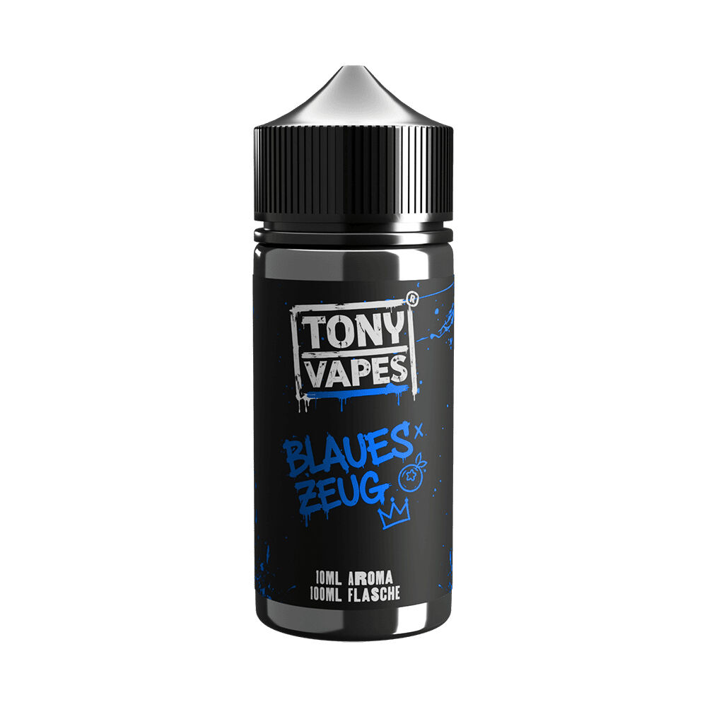 TNV101.jpg Tony Vapes Aroma - Blaues Zeug Flasche mit schwarzem Etikett und blauer Schrift, 10ml Aroma, 100ml Flasche.