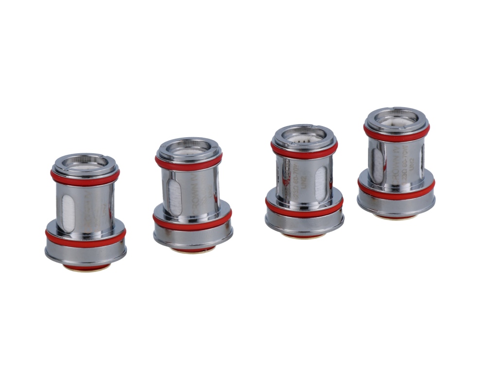 Uwell Crown 4 Coils 0,23 Ohm Mesh Verdampferköpfe Vier Uwell Crown 4 Mesh Verdampferköpfe mit silbernem Gehäuse und roten Dichtungsringen in einer Reihe.
