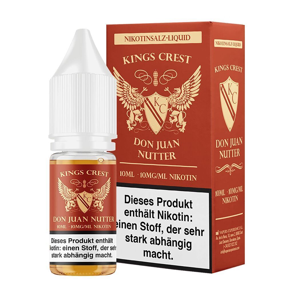 Kings Crest Nikotinsalz - Don Juan Nutter Kings Crest Nikotinsalzflasche und -verpackung Don Juan Nutter, 10 ml, 10 mg/ml Nikotin, mit Warnhinweis über Nikotinsuchtgefahr.
