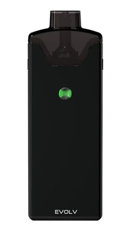 Evolv Reflex Pod Kit Schwarzes Evolv Reflex Pod Kit mit transparentem Mundstück und grünem LED-Indikator auf der Vorderseite