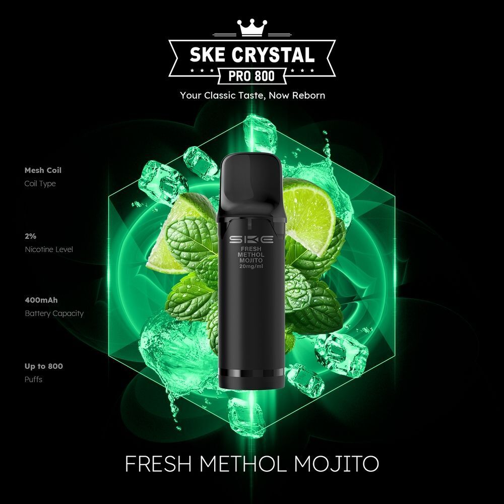 SKE Crystal 800 Pro Pods - Fresh Menthol Mojito SKE Crystal Pro Pod Fresh Menthol Mojito 20mg mit 2% Nikotin, einem Mesh Coil, 400mAh Akku und bis zu 800 Zügen, umgeben von Limette und Minze.