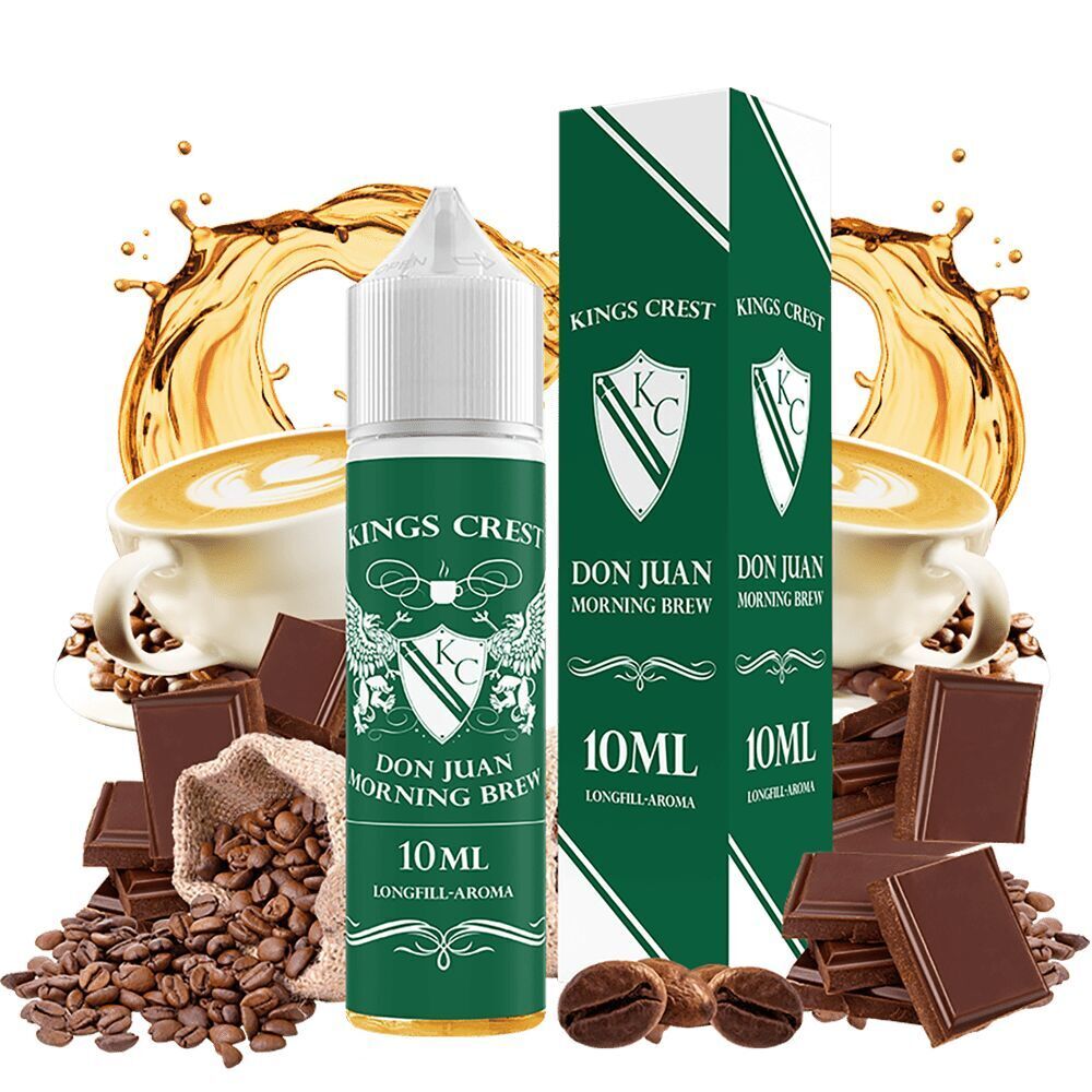Kings Crest Aroma - Don Juan Morning Brew Kings Crest Aroma Don Juan Morning Brew Flasche und Verpackung vor einer Tasse Cappuccino, Kaffeebohnen und Schokoladenstücken.