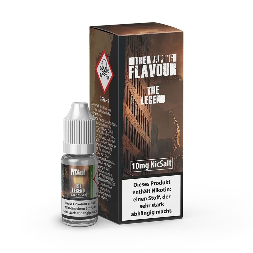 Liquid The Legend 10mg - The Vaping Flavour Packung und Flasche von The Vaping Flavour Nikotinsalz The Legend 10mg mit Warnhinweisen über Nikotinsucht auf beiden Etiketten sichtbar.