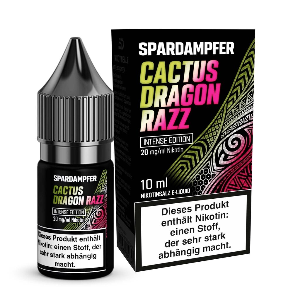 Spardampfer-Nikotinsalz-Cactus-Dragon-Razz-20mg.jpg Spardampfer Cactus Dragon Razz E-Liquid 10 ml Flasche und Verpackung mit farbigen Mustern und Warnhinweis über Nikotinabhängigkeit.