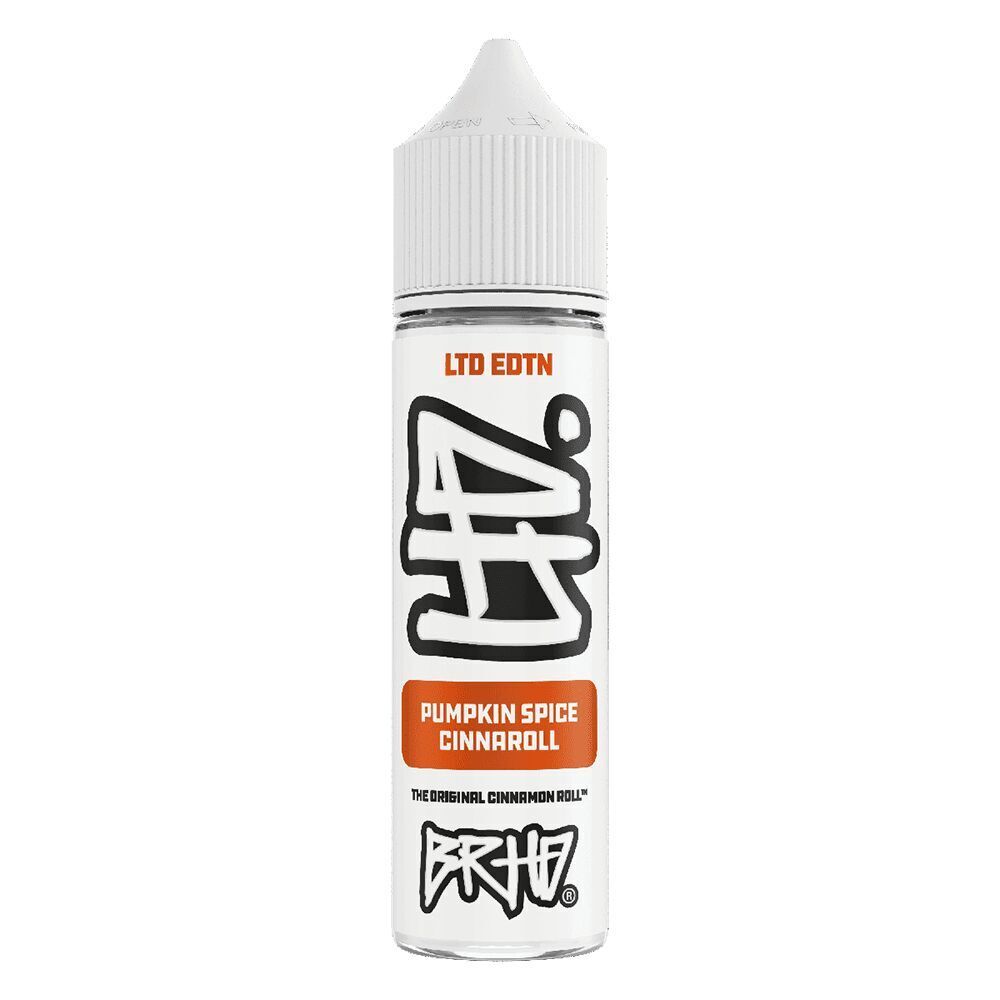 Aroma Pumpkin Spice Cinnaroll - BRHD Flasche mit weißem Etikett, schwarzem Graffiti-Design und Schriftzug "Pumpkin Spice Cinnaroll", Marke BRHD, Ltd Edition.