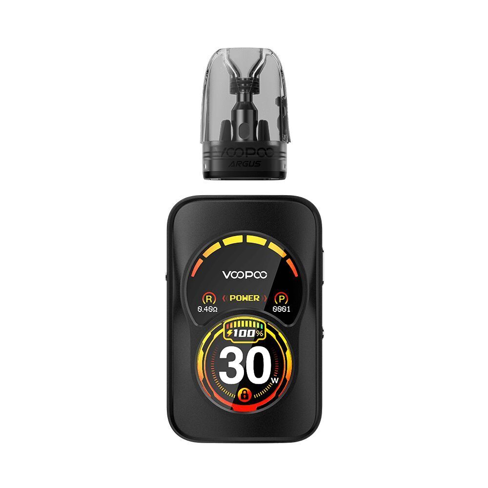Voopoo Argus A Pod Kit Phantom Black mit digitalem Display, zeigt 30 Watt und Power-Modus, Pods oben montiert.