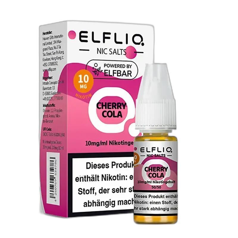Elfliq Nikotinsalz - Cherry Cola 10mg Falsche Elfliq-Nikotinflasche und Verpackung, Produktname Cherry Cola, aufgedruckt: 10mg/ml Nikotingehalt, Warnhinweis auf schädliche Wirkung