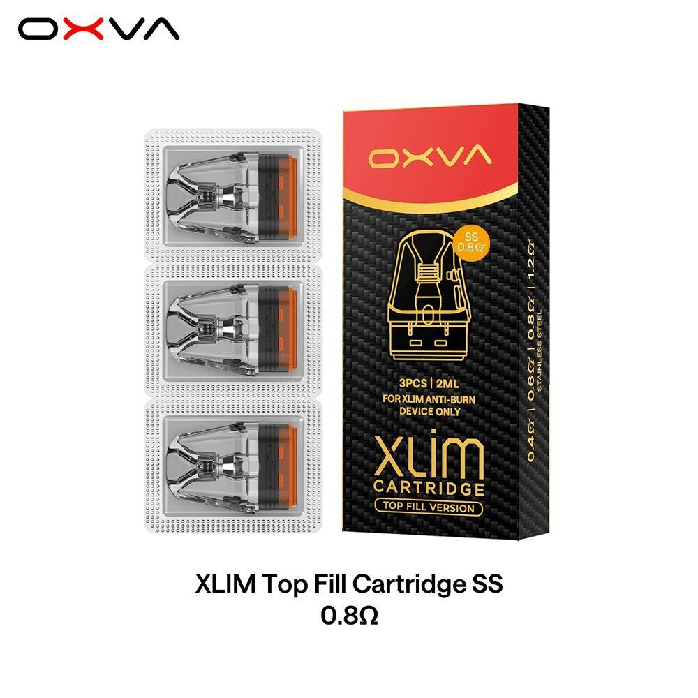Oxva Xlim DNA Pods mit Coil - 0,8 Ohm Oxva Xlim Top Fill Cartridge, 3 Pods mit 0,8 Ohm Coils, Verpackungsdesign mit schwarzem und rotem Branding.