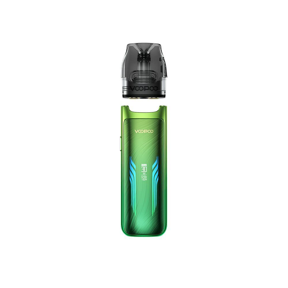 Voopoo VMATE Max Pod Kit in glänzendem Grün mit schwarzem Mundstück, sichtbarem Voopoo-Branding und stilvollen blauen Akzenten auf dem Gehäuse
