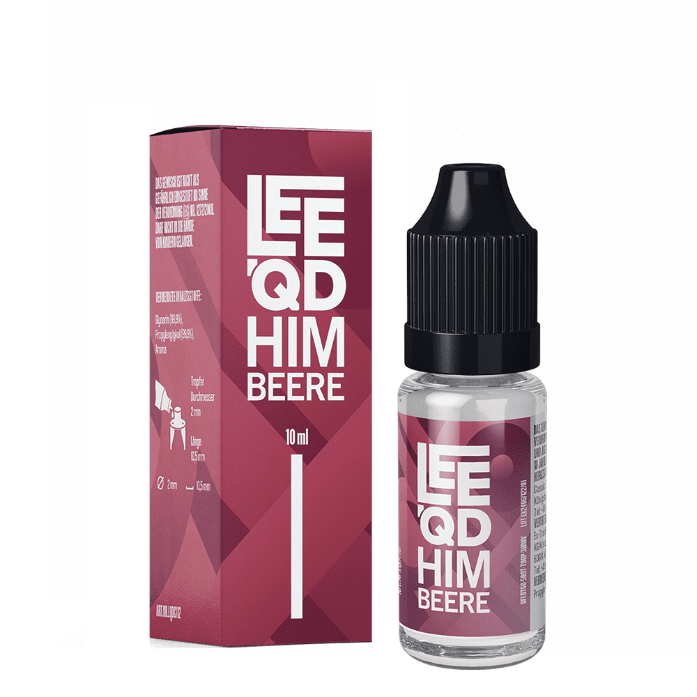 Liquid Fruit Himbeere 0mg - Leeqd Verpackung und Flasche von Leeqd Liquid - Himbeere, 10 ml, mit schwarzem Verschluss und modernem Design auf rotem Hintergrund