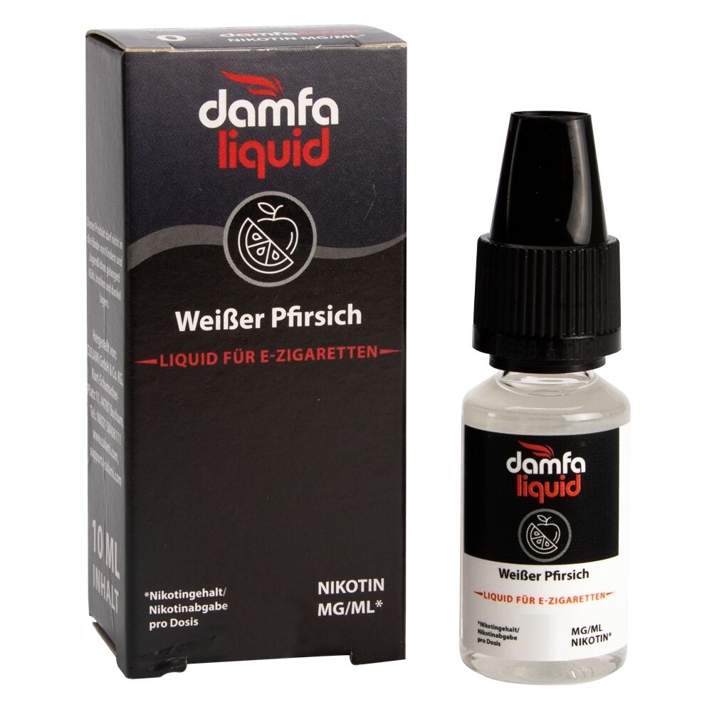 Liquid Weißer Pfirsich 12mg - Damfaliquid Flasche und Verpackung von Damfaliquid Weißer Pfirsich Liquid für E-Zigaretten mit Nikotinangabe, schwarzes Design mit weißer und roter Schrift.